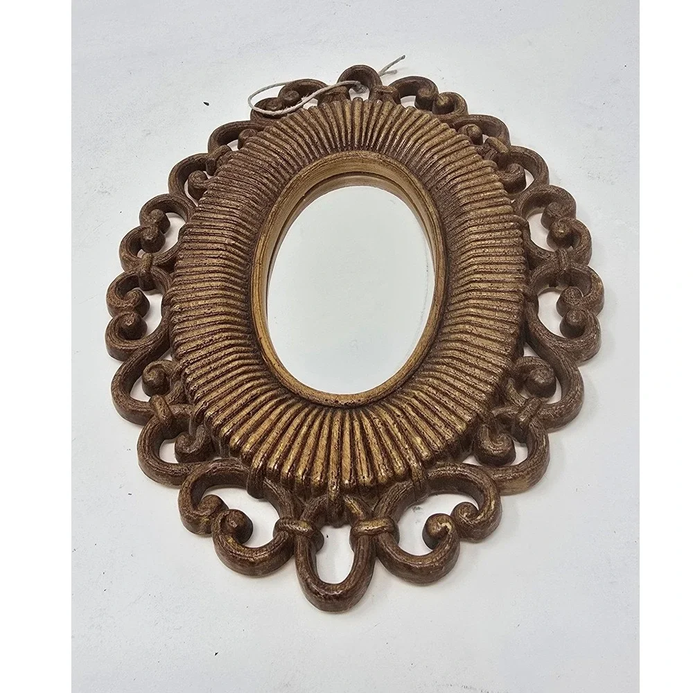 Vtg Dart Homco MCM oval mirror faux rattan wicker USA boho-chic Americana retro